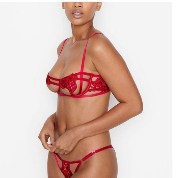 VS VERY SEXY Strappy Embroidered Open Cup Balconette Bra 34B Red & Thong Small